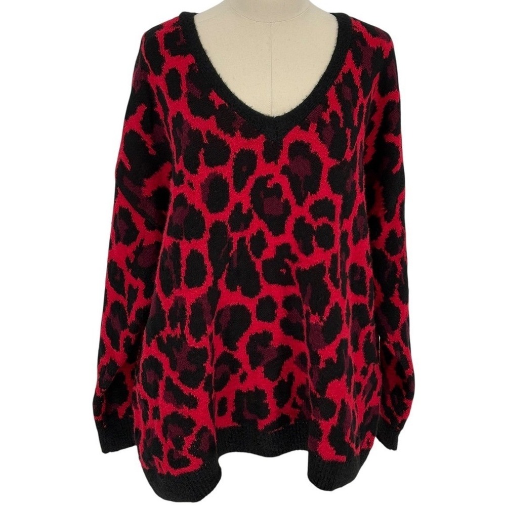 Apt 9 Womens Red Black Leopard Print V-Neck Knit Sweater XXL